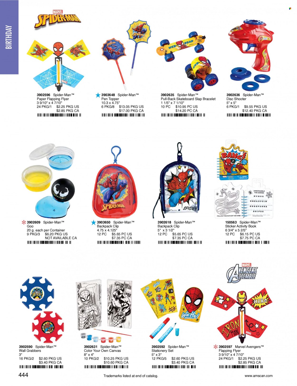 thumbnail - Amscan Flyer - Sales products - Spiderman, container, sticker, stationery product, pen, paper, canvas, Marvel. Page 447.