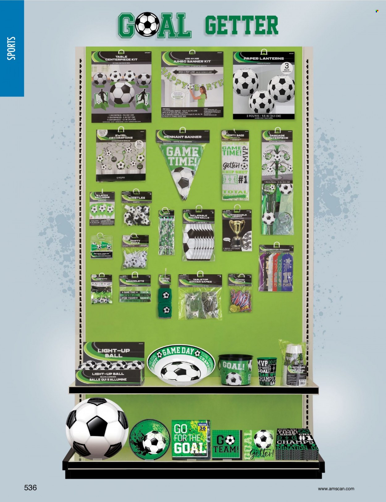 thumbnail - Amscan Flyer - Sales products - napkins, fork, cup, bag, sticker, balloons, candle, plastic cup, goal, playground ball. Page 539.