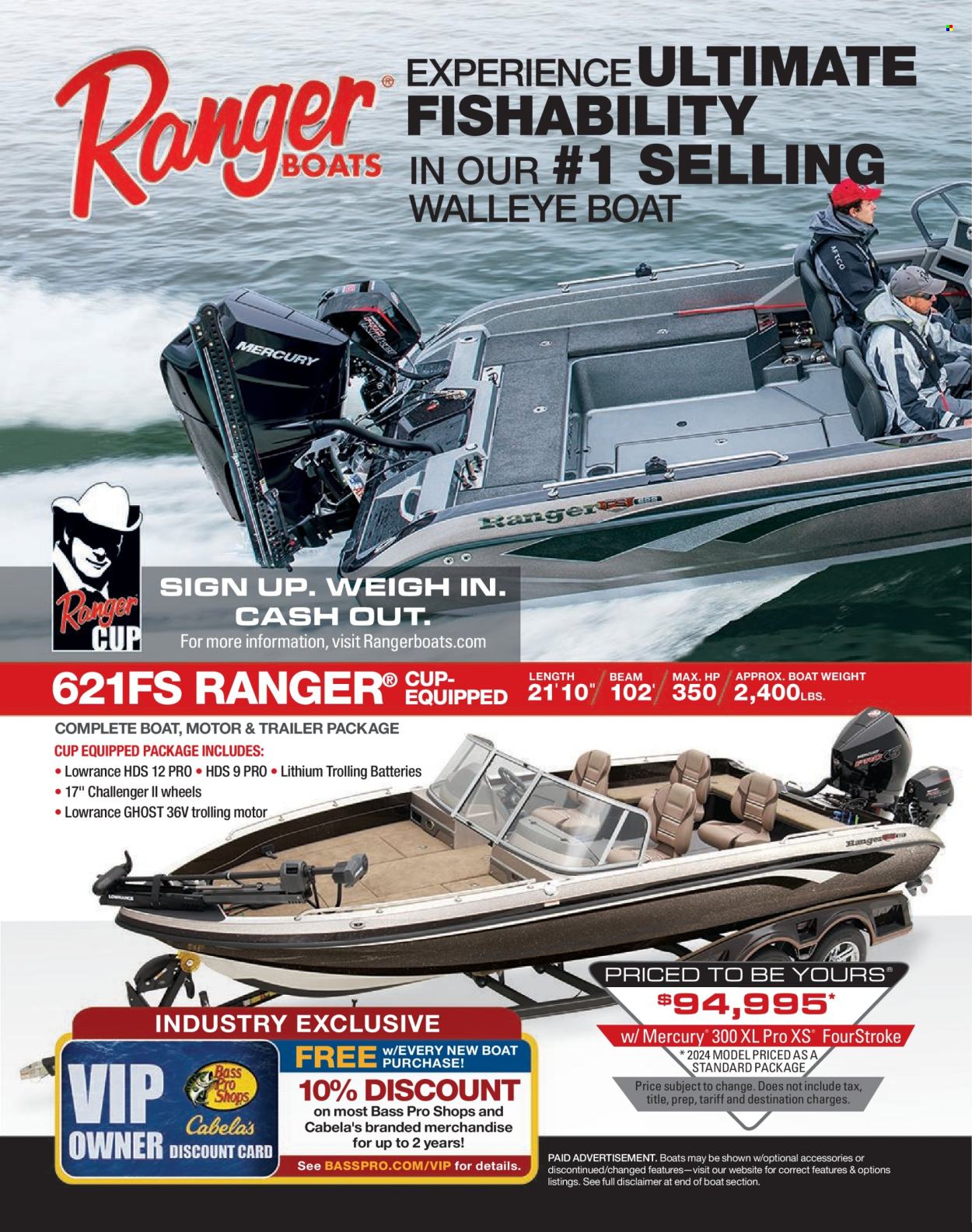thumbnail - Cabela's Flyer - Sales products - battery, Bass Pro, Lowrance, boat, trailer. Page 40.