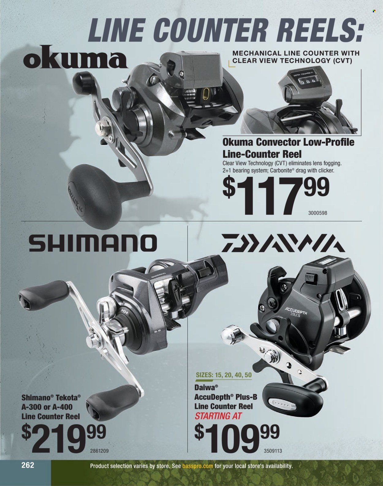 thumbnail - Cabela's Flyer - Sales products - lens, Shimano, reel, fishing rod, DAIWA. Page 262.