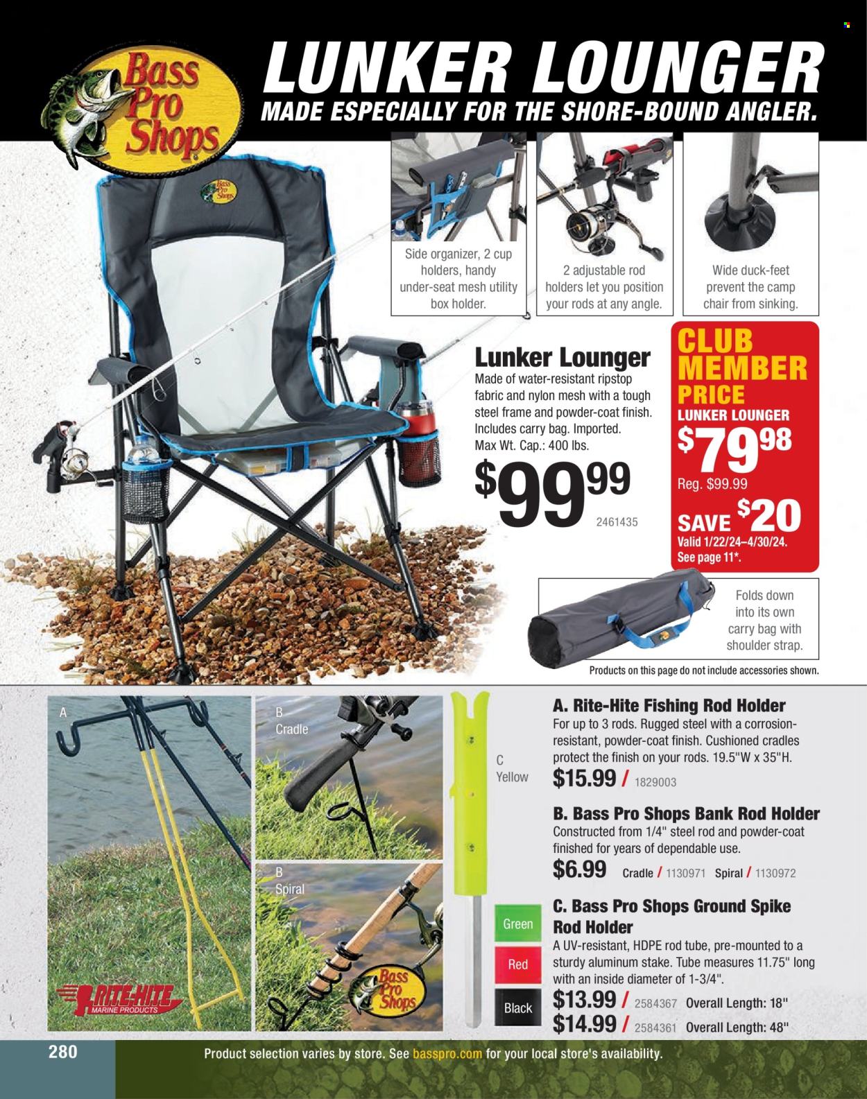 thumbnail - Cabela's Flyer - Sales products - chair, Bass Pro, camping chair, rod holder, strap. Page 280.