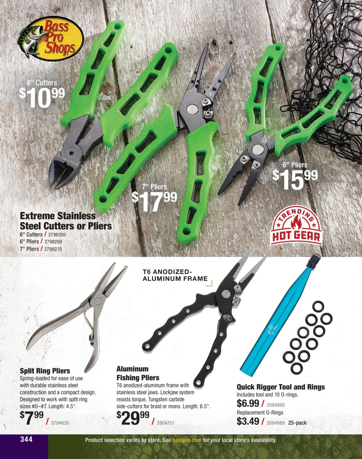 thumbnail - Cabela's Flyer - Sales products - Bass Pro, pliers, o-rings. Page 344.