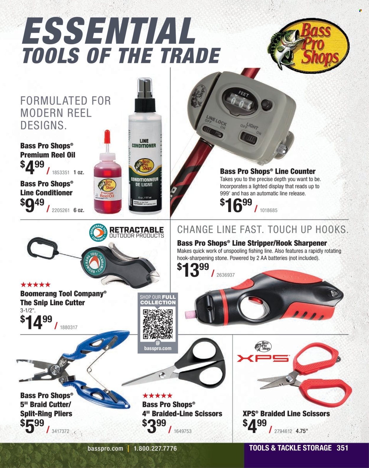 thumbnail - Cabela's Flyer - Sales products - Bass Pro, reel, pliers, scissors, cutter, sharpening stone. Page 351.