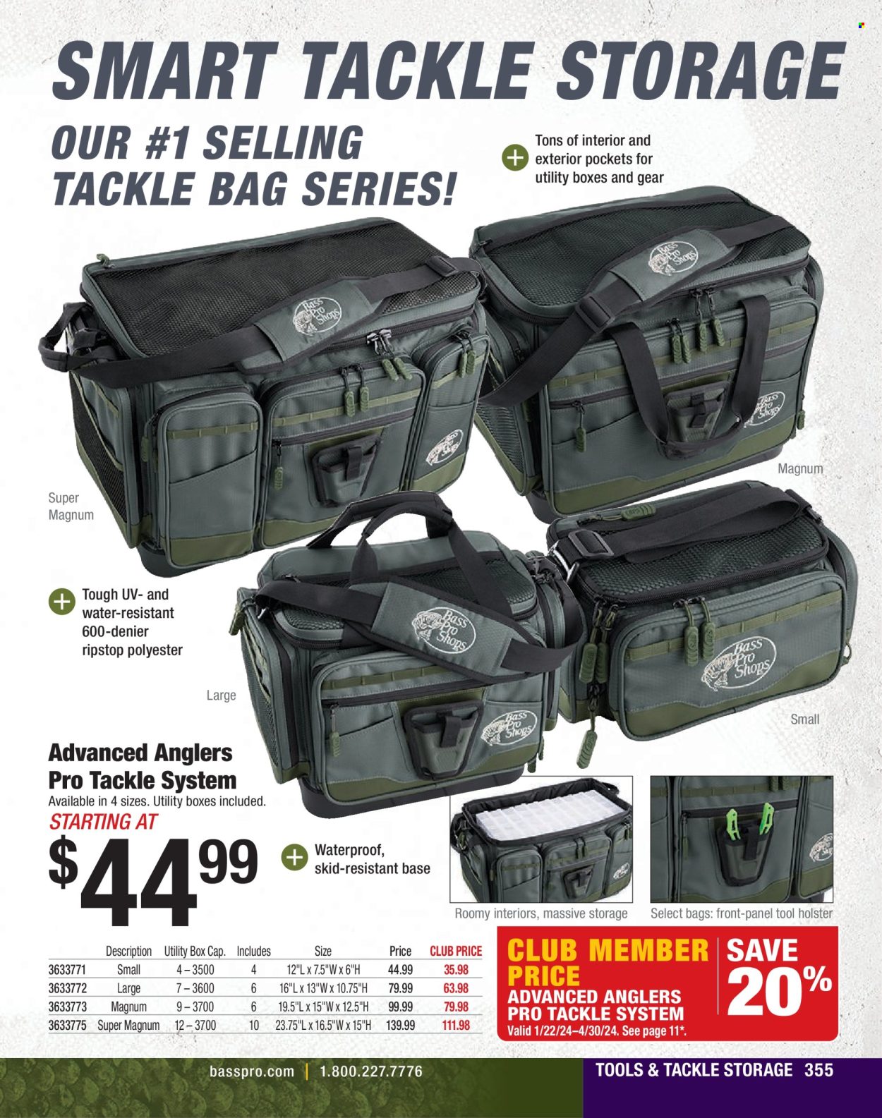 thumbnail - Cabela's Flyer - Sales products - Bass Pro, holster, tackle bag. Page 355.