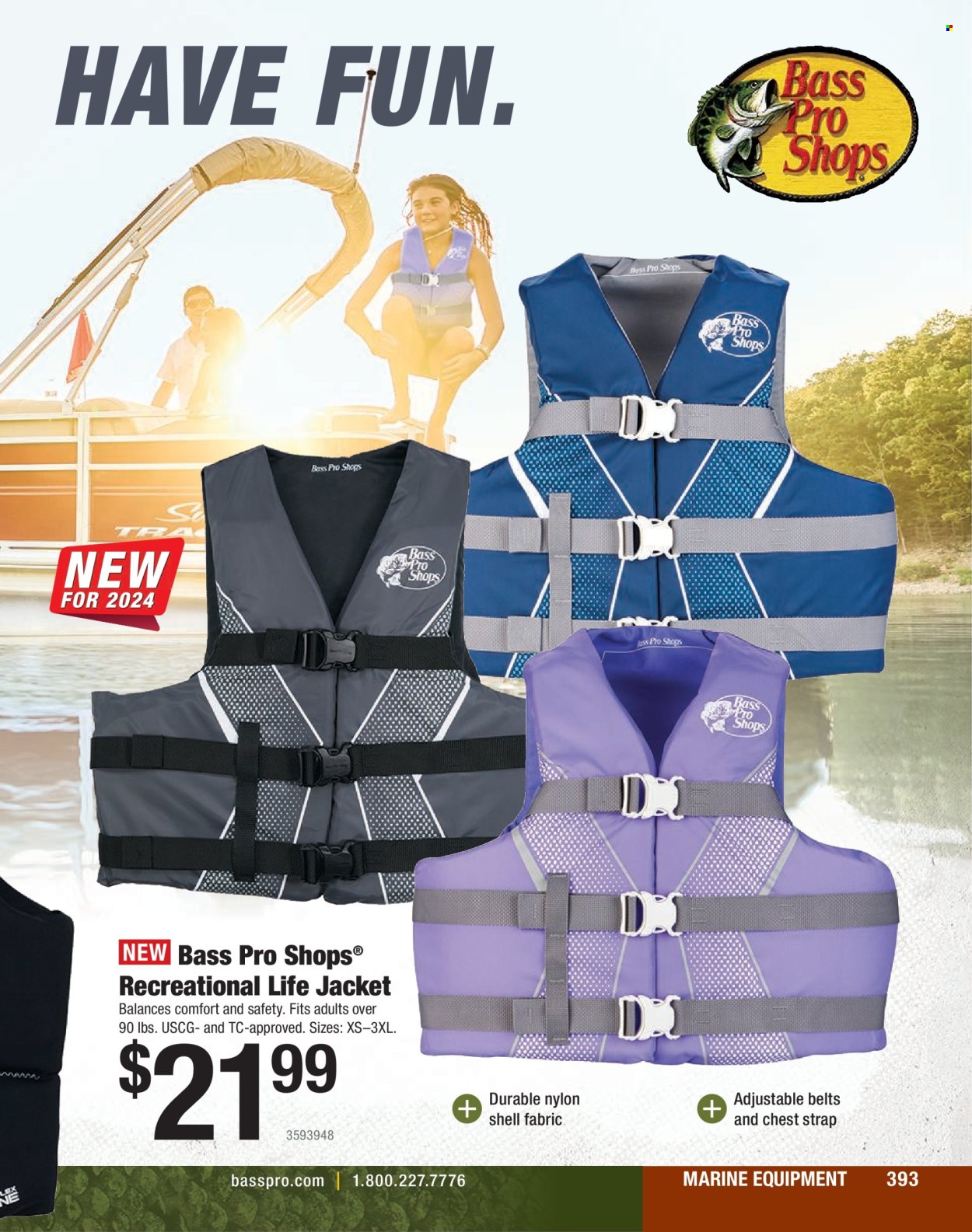 thumbnail - Cabela's Flyer - Sales products - Bass Pro, life jacket, strap, Shell. Page 393.