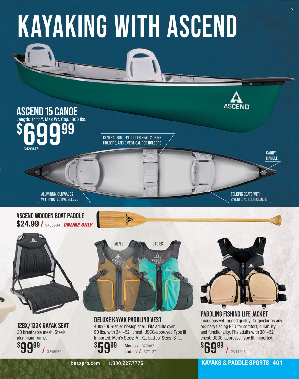 thumbnail - Cabela's Flyer - Sales products - vest, canoe, boat, life jacket, kayak, Shell. Page 401.
