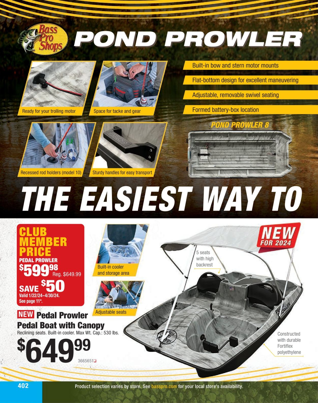 thumbnail - Cabela's Flyer - Sales products - battery, back pillow, boat. Page 402.