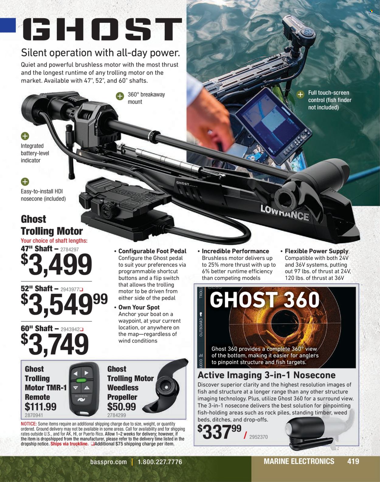 thumbnail - Cabela's Flyer - Sales products - battery, bed, fish finder. Page 419.