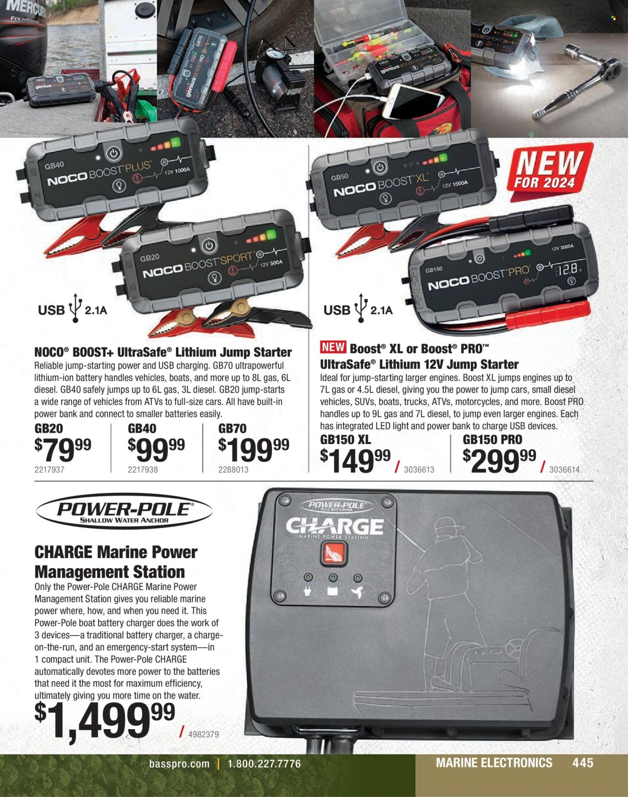 thumbnail - Cabela's Flyer - Sales products - battery charger, boat, LED light. Page 445.