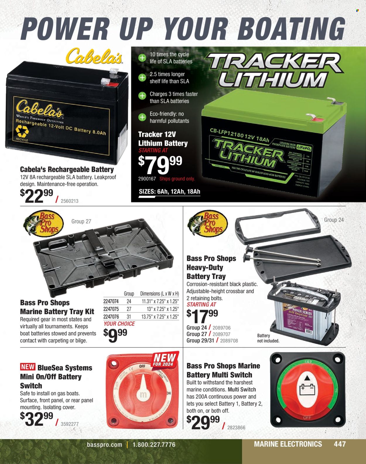 thumbnail - Cabela's Flyer - Sales products - rechargeable battery, shelves, Bass Pro, boat. Page 447.