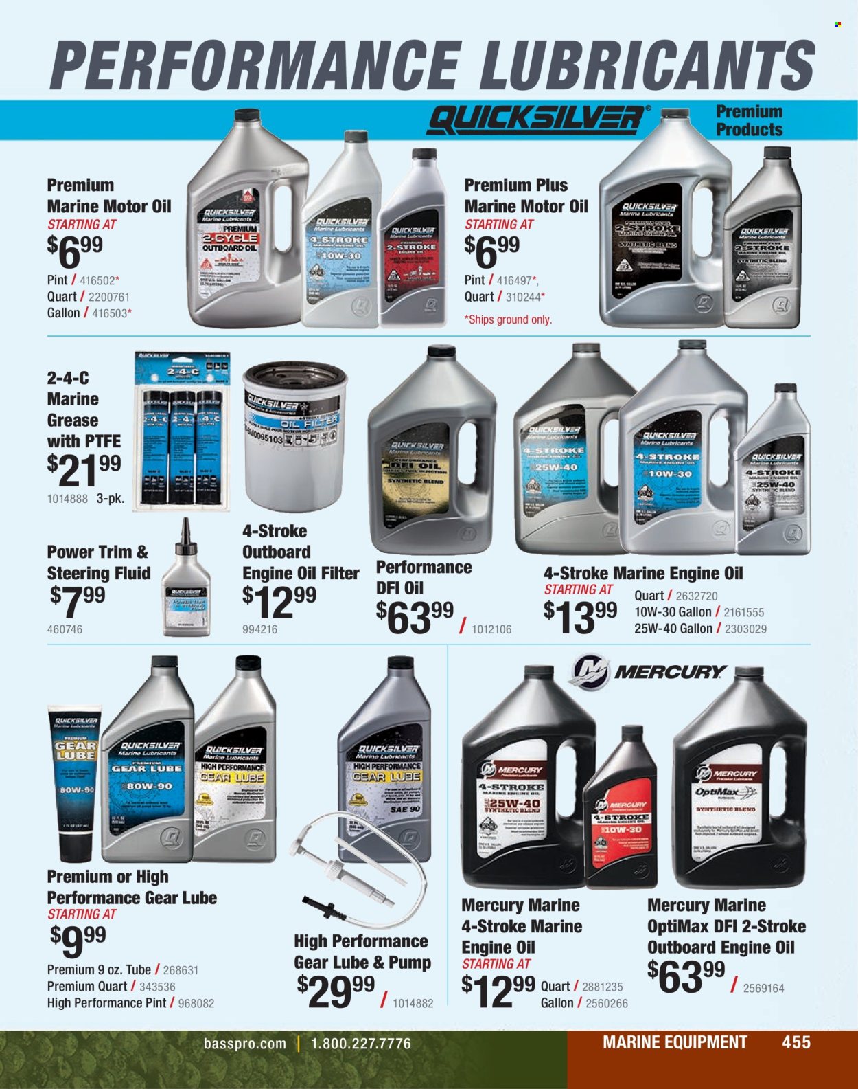 thumbnail - Cabela's Flyer - Sales products - bag, pump, lubricant, motor oil, steering fluid, Quicksilver Marine Lubricants. Page 455.