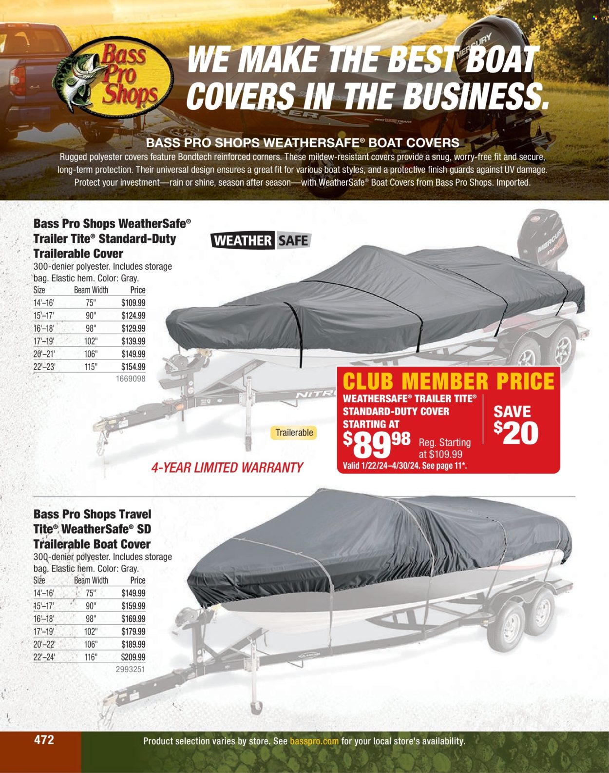 thumbnail - Cabela's Flyer - Sales products - Snug, Bass Pro, boat cover, trailer. Page 472.