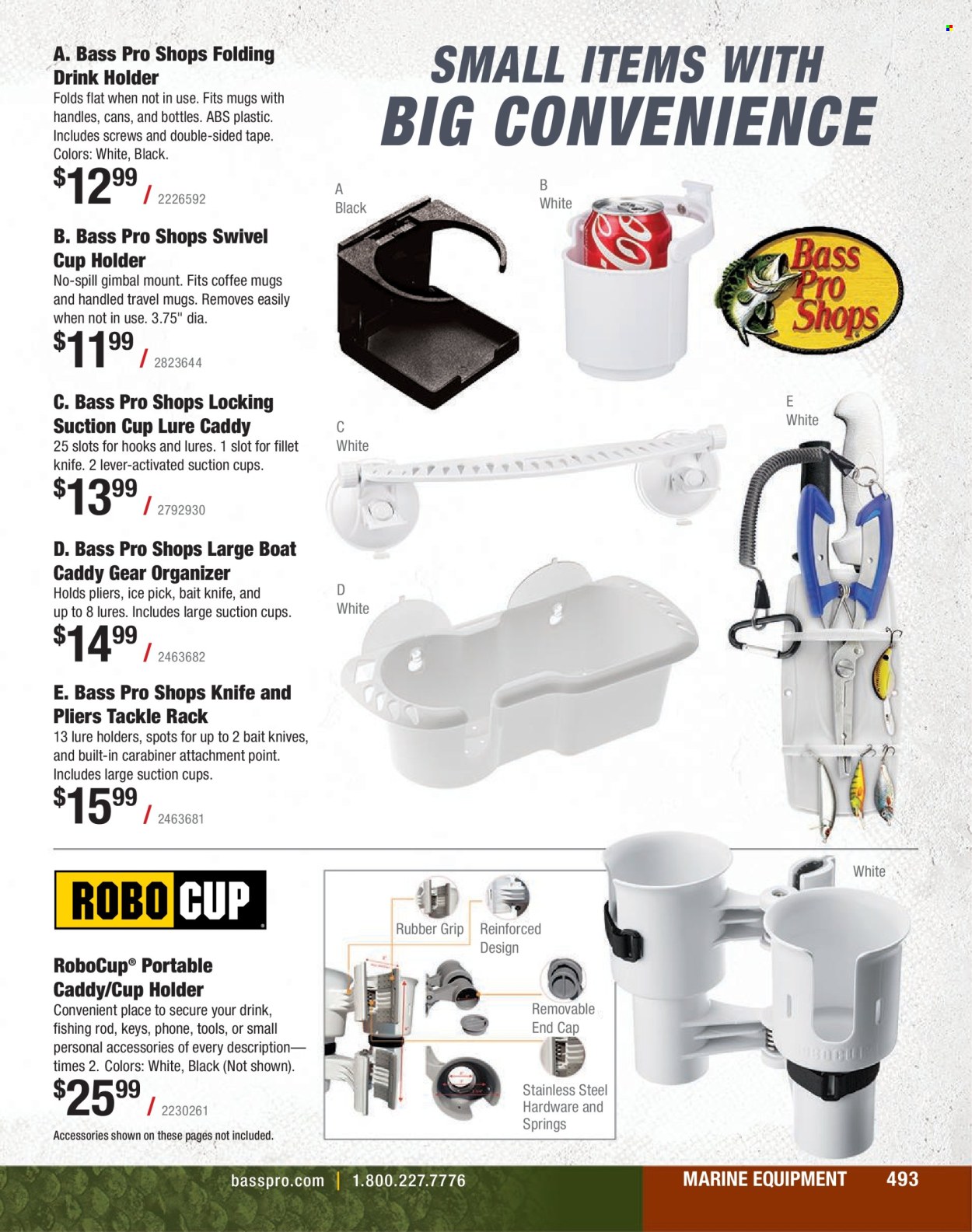 thumbnail - Cabela's Flyer - Sales products - Bass Pro, travel mug, drink holder, pliers. Page 493.