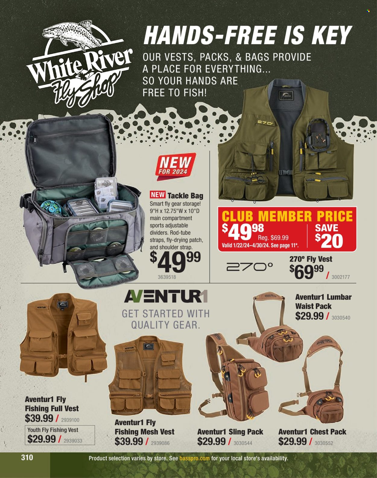 thumbnail - Bass Pro Shops Flyer - Sales products - fish, vest, waist pack, tackle bag, strap. Page 310.