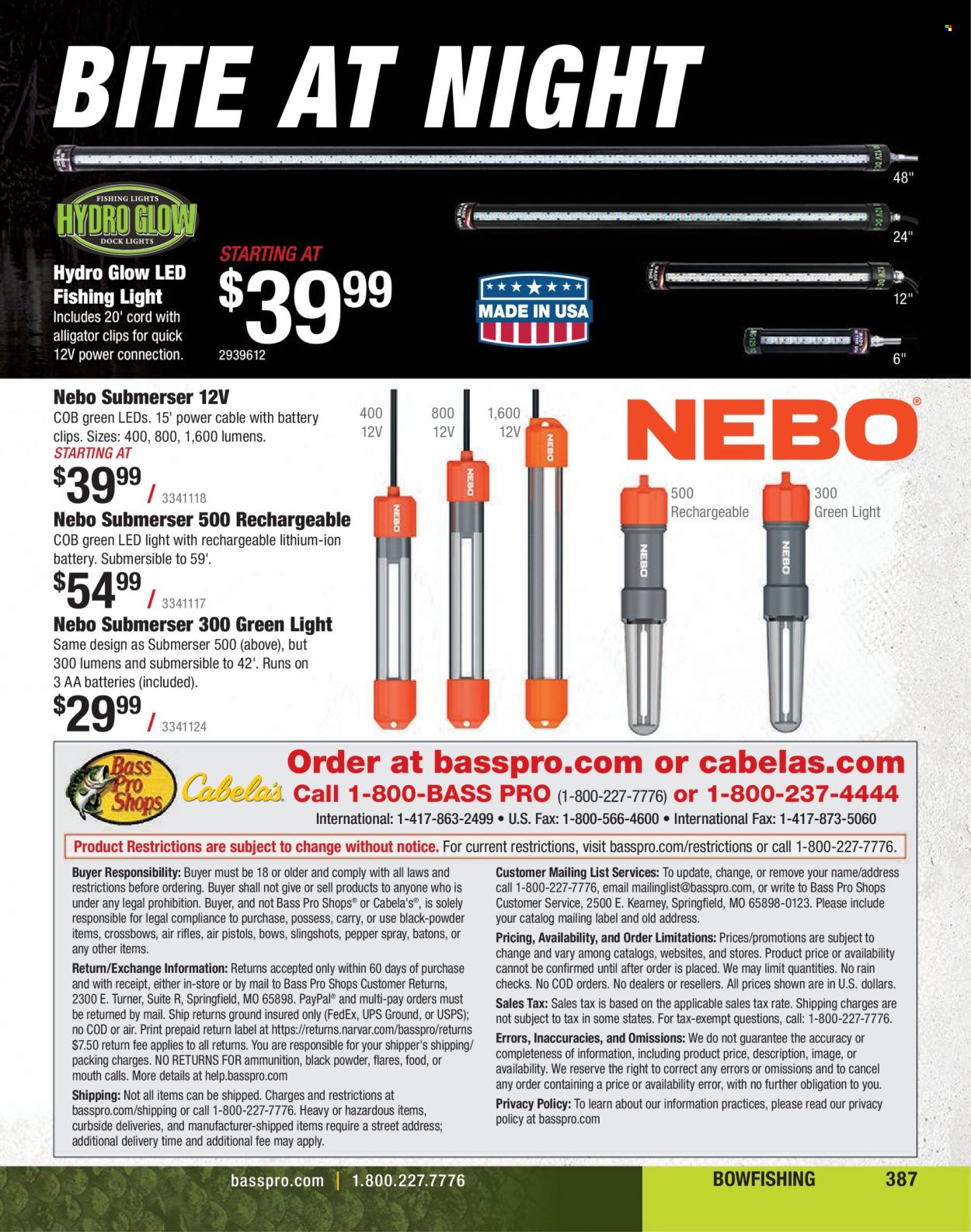 thumbnail - Bass Pro Shops Flyer - Sales products - battery, Bass Pro, crossbow, LED light. Page 387.