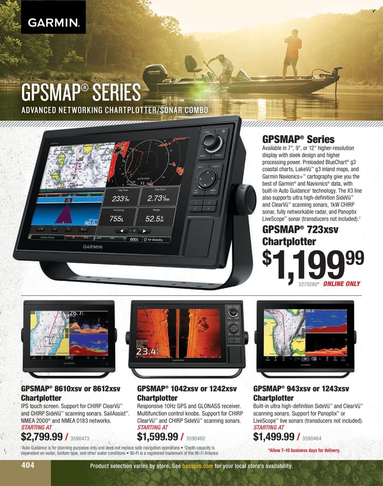 thumbnail - Bass Pro Shops Flyer - Sales products - Garmin, sonar, receiver. Page 404.