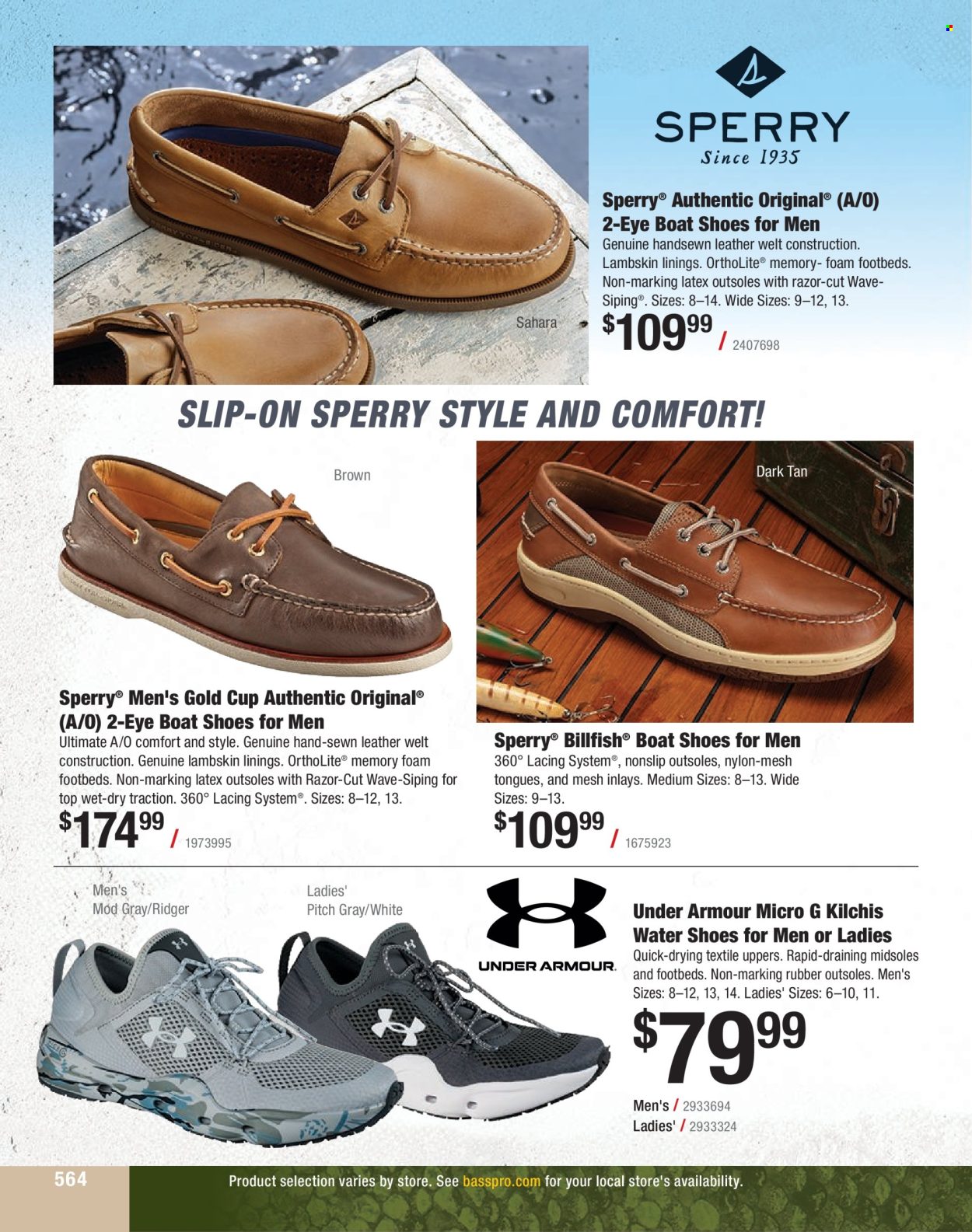 thumbnail - Bass Pro Shops Flyer - Sales products - shoes, slip-on shoes, Under Armour, water shoes, razor. Page 564.