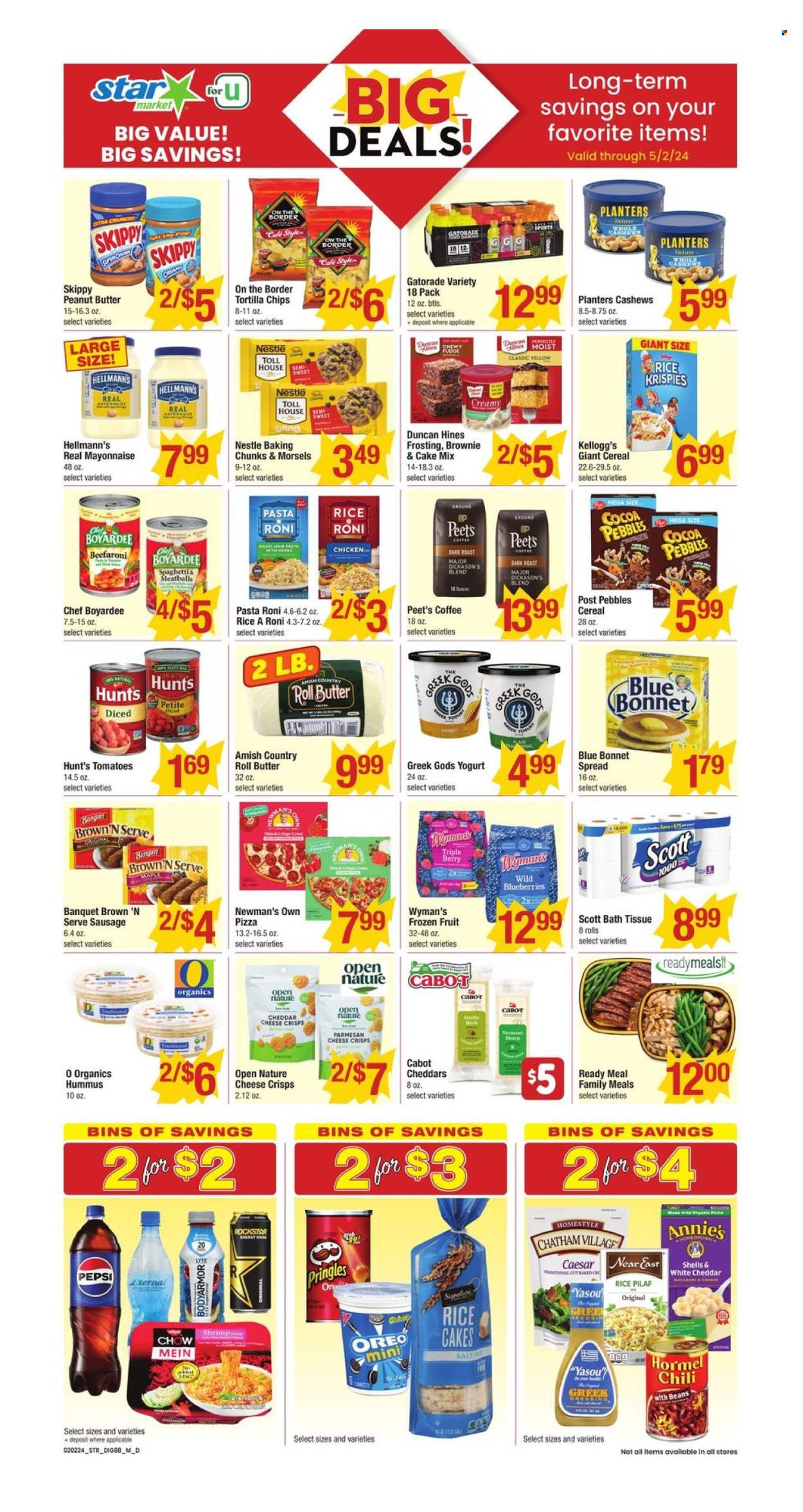 thumbnail - Star Market Flyer - 02/02/2024 - 05/02/2024 - Sales products - Brown 'N Serve, rice cakes, cake mix, blueberries, shrimps, spaghetti, pizza, meatballs, pasta, Annie's, pasta sides, Hormel, ready meal, rice sides, sausage, cheddar, parmesan, greek yoghurt, Oreo, yoghurt, margarine, mayonnaise, Hellmann’s, frozen fruit, Nestlé, Kellogg's, tortilla chips, Pringles, chips, crisps, frosting, baking mix, canned tomatoes, Chef Boyardee, Rice Krispies, peanut butter, cashews, Planters, Pepsi, energy drink, soft drink, Gatorade, electrolyte drink, carbonated soft drink, coffee, chicken. Page 1.