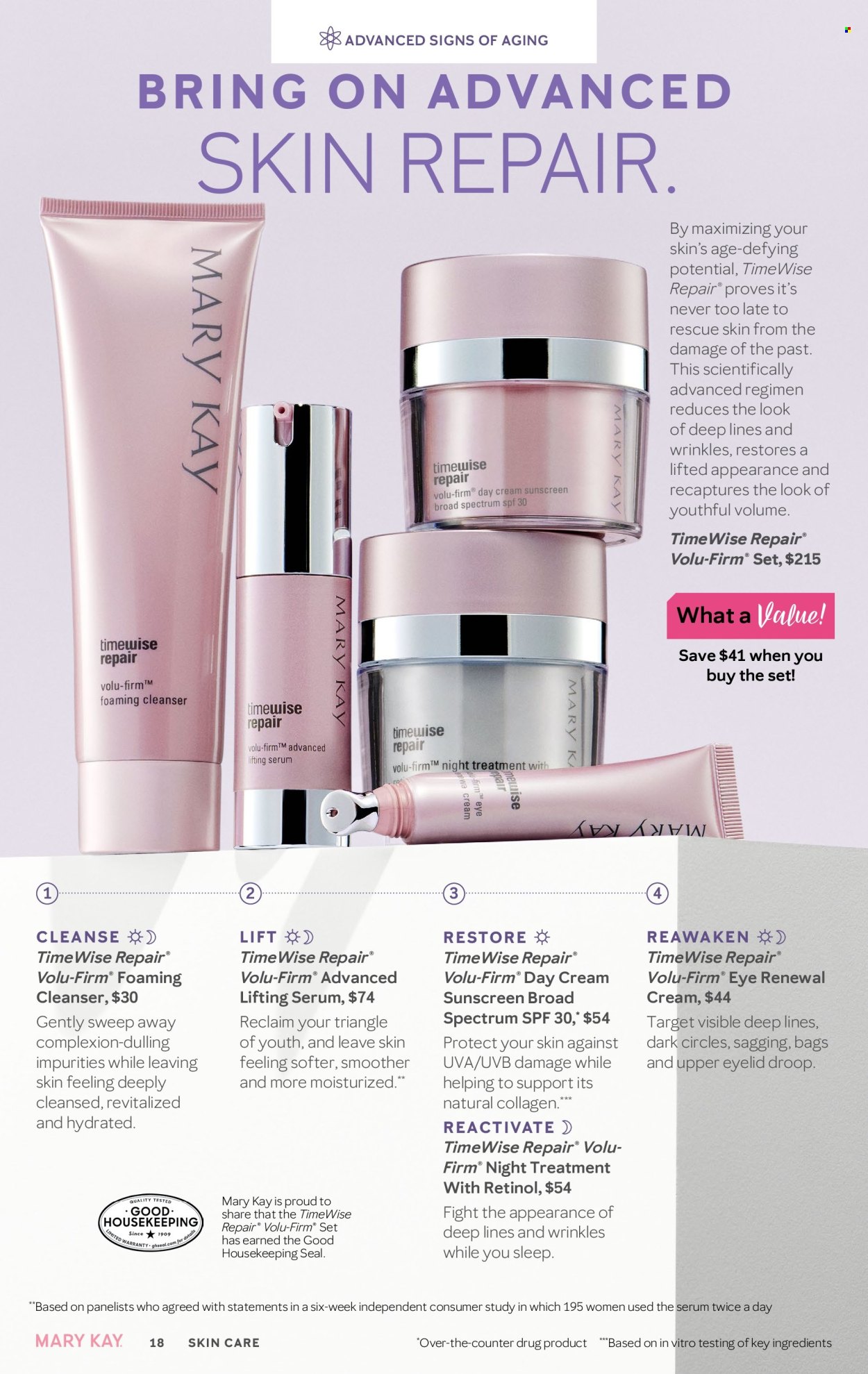 thumbnail - Mary Kay Flyer - 02/16/2024 - 05/15/2024 - Sales products - cleanser, day cream, serum, TimeWise, skin care product, sunscreen lotion. Page 18.
