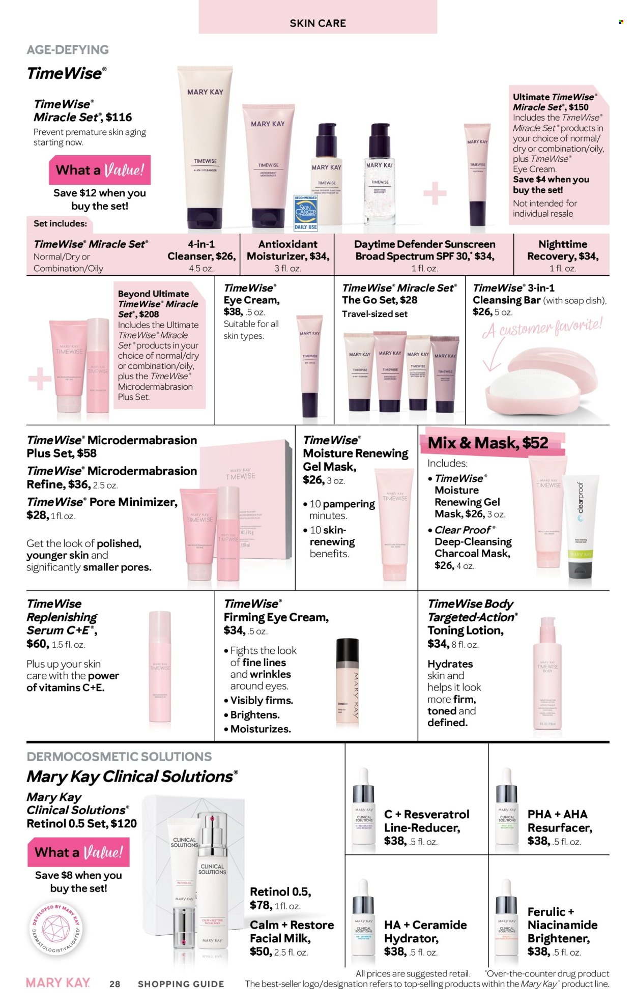thumbnail - Mary Kay Flyer - 02/16/2024 - 05/15/2024 - Sales products - cleanser, moisturizer, serum, TimeWise, Clear Proof, eye cream, Niacinamide, skin care product, sunscreen lotion. Page 28.