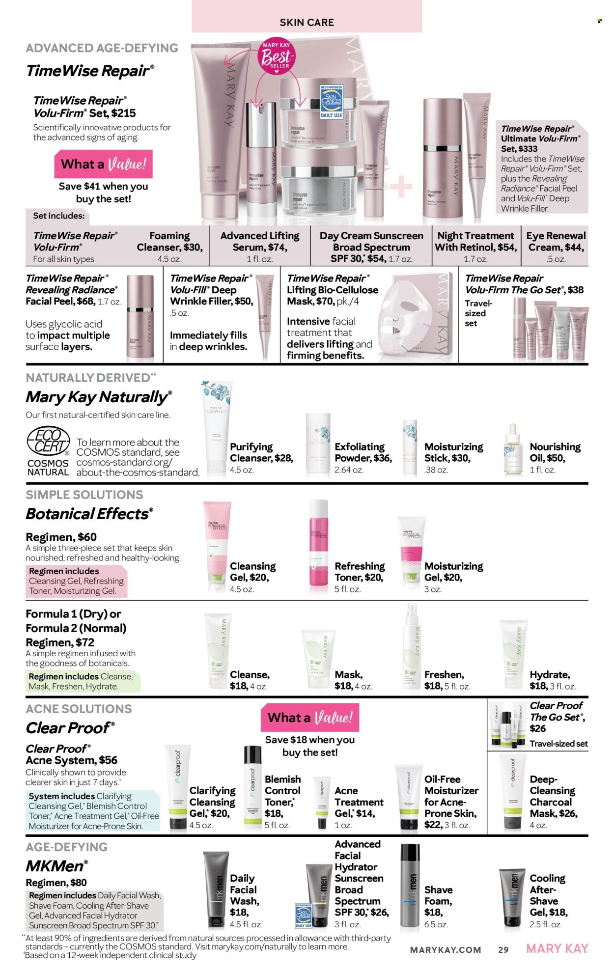 thumbnail - Mary Kay Flyer - 02/16/2024 - 05/15/2024 - Sales products - cleanser, day cream, moisturizer, serum, toner, TimeWise, Clear Proof, acne care, skin care product, sunscreen lotion, after shave, shave foam. Page 29.