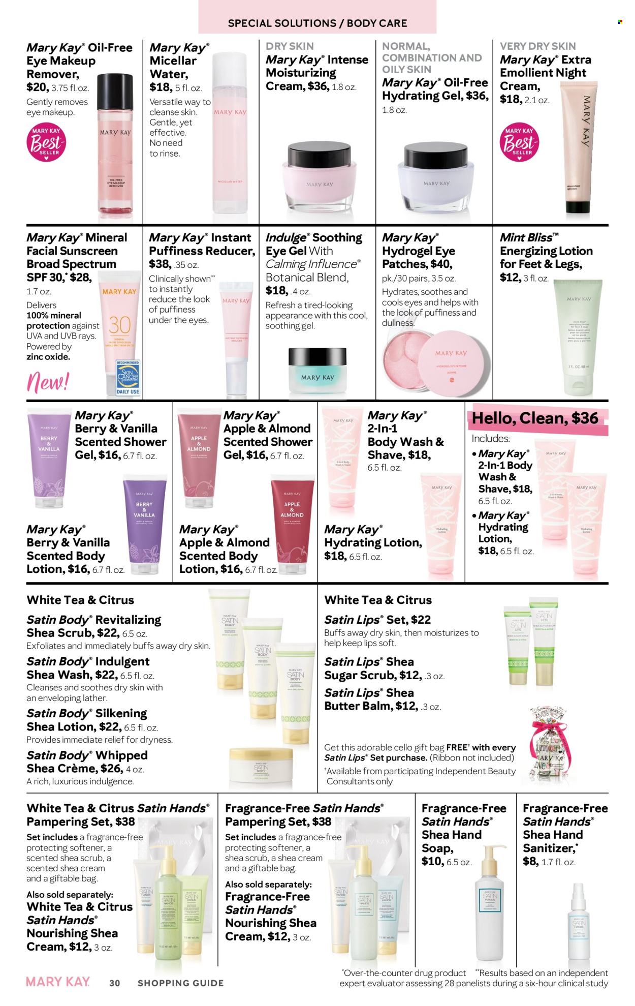 thumbnail - Mary Kay Flyer - 02/16/2024 - 05/15/2024 - Sales products - body wash, shower gel, hand soap, soap, eye gel, makeup remover, micellar water, moisturing cream, body lotion, shea butter, sunscreen lotion, body care, fragrance, hand sanitizer. Page 30.