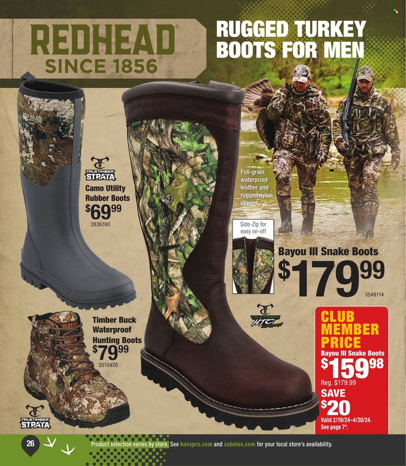 thumbnail - Bass Pro Shops Flyer - Sales products - boots, hunting boots, rubber boots. Page 26.
