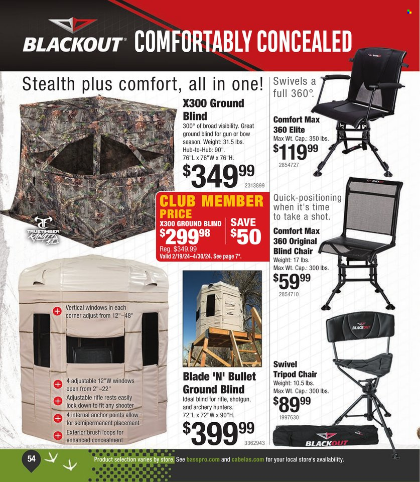 thumbnail - Bass Pro Shops Flyer - Sales products - chair, shotgun, gun, blackout, hub blind, hunting accessories. Page 54.