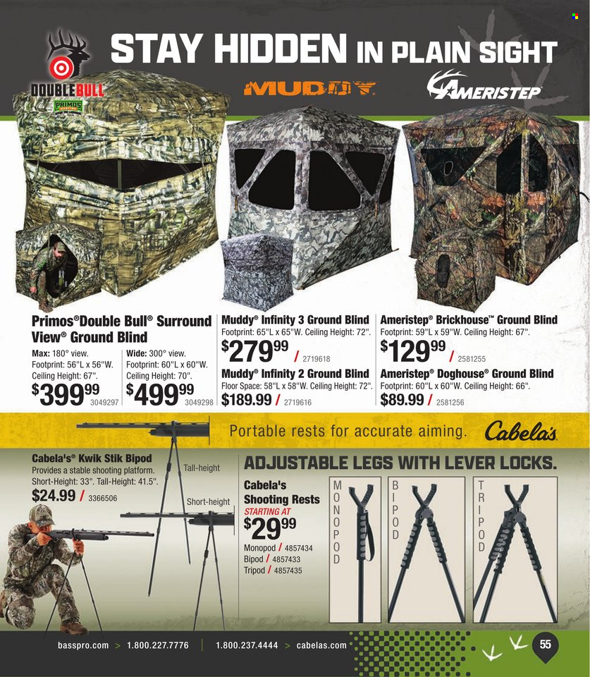thumbnail - Bass Pro Shops Flyer - Sales products - bipod, hub blind, hunting accessories. Page 55.