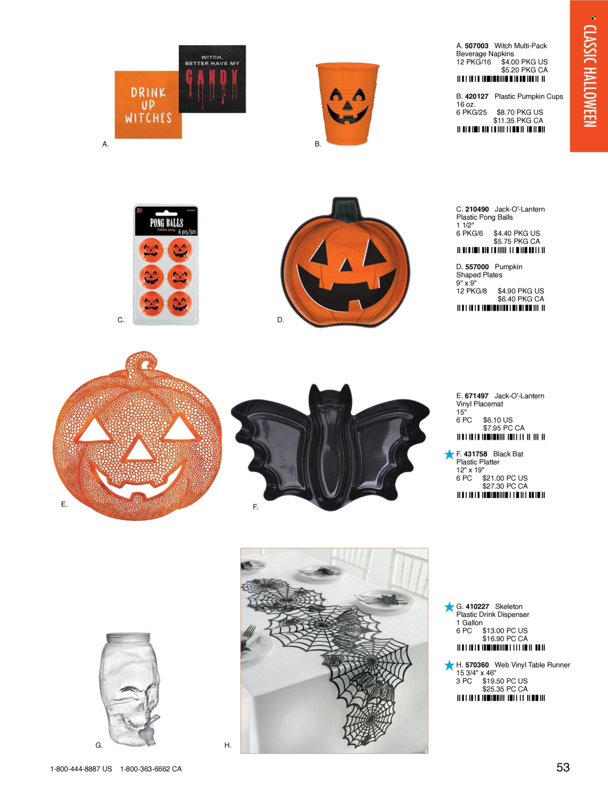 thumbnail - Amscan Flyer - Sales products - napkins, plate, cup, dispenser, platters, table runner, placemat, lantern, Halloween. Page 56.