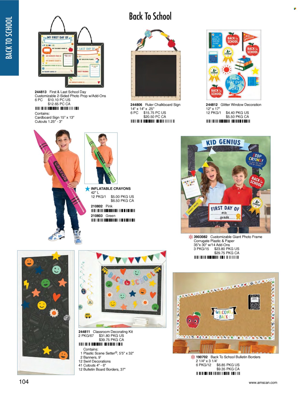 thumbnail - Amscan Flyer - Sales products - crayons, glitter, chalkboard, photo frame, paper, ruler, window decoration, bulletin board. Page 107.