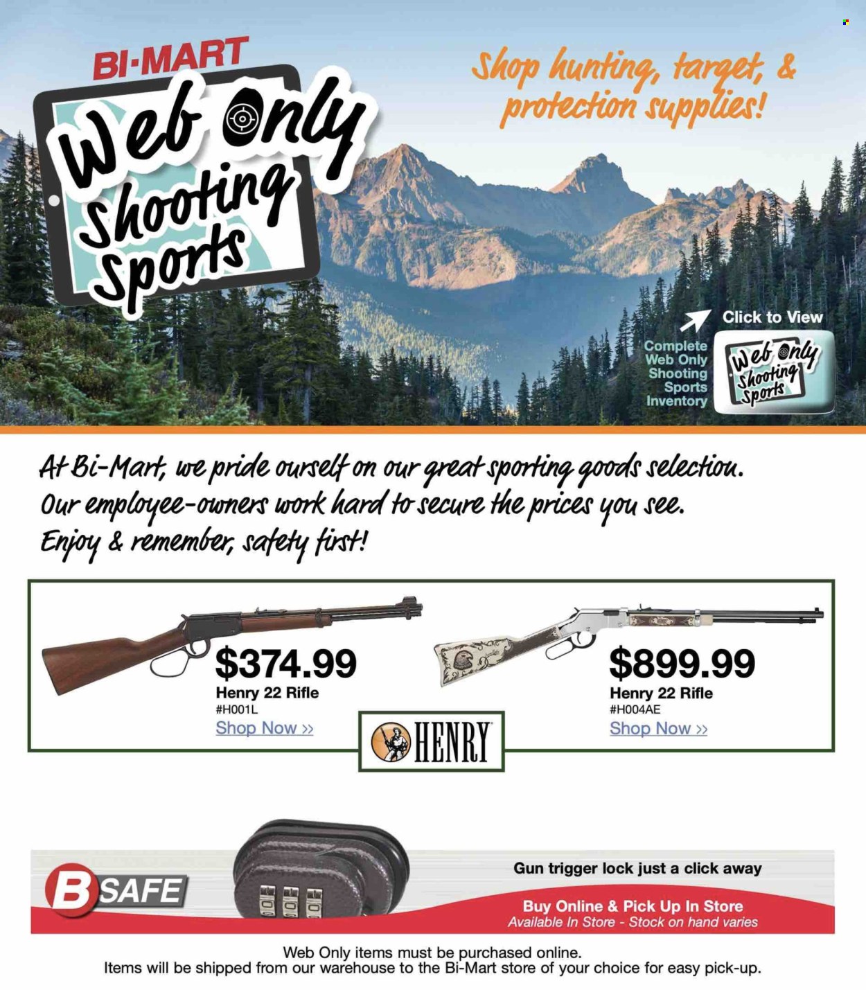 thumbnail - Bi-Mart Flyer - Sales products - Target, safe, rifle. Page 1.
