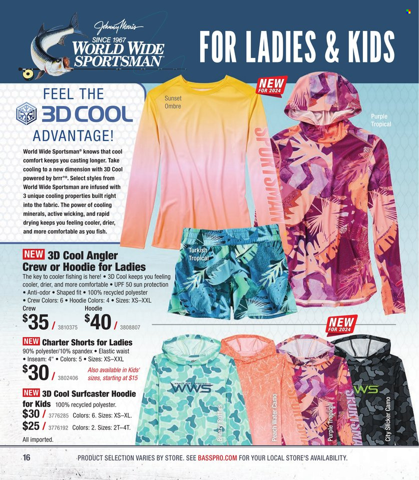thumbnail - Bass Pro Shops Flyer - Sales products - hoodie, fish, shorts. Page 16.