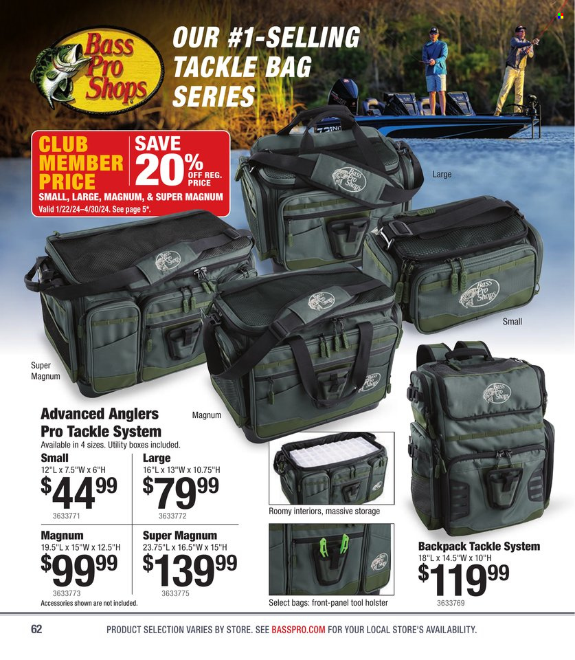 thumbnail - Bass Pro Shops Flyer - Sales products - backpack, Bass Pro, holster, tackle bag. Page 62.