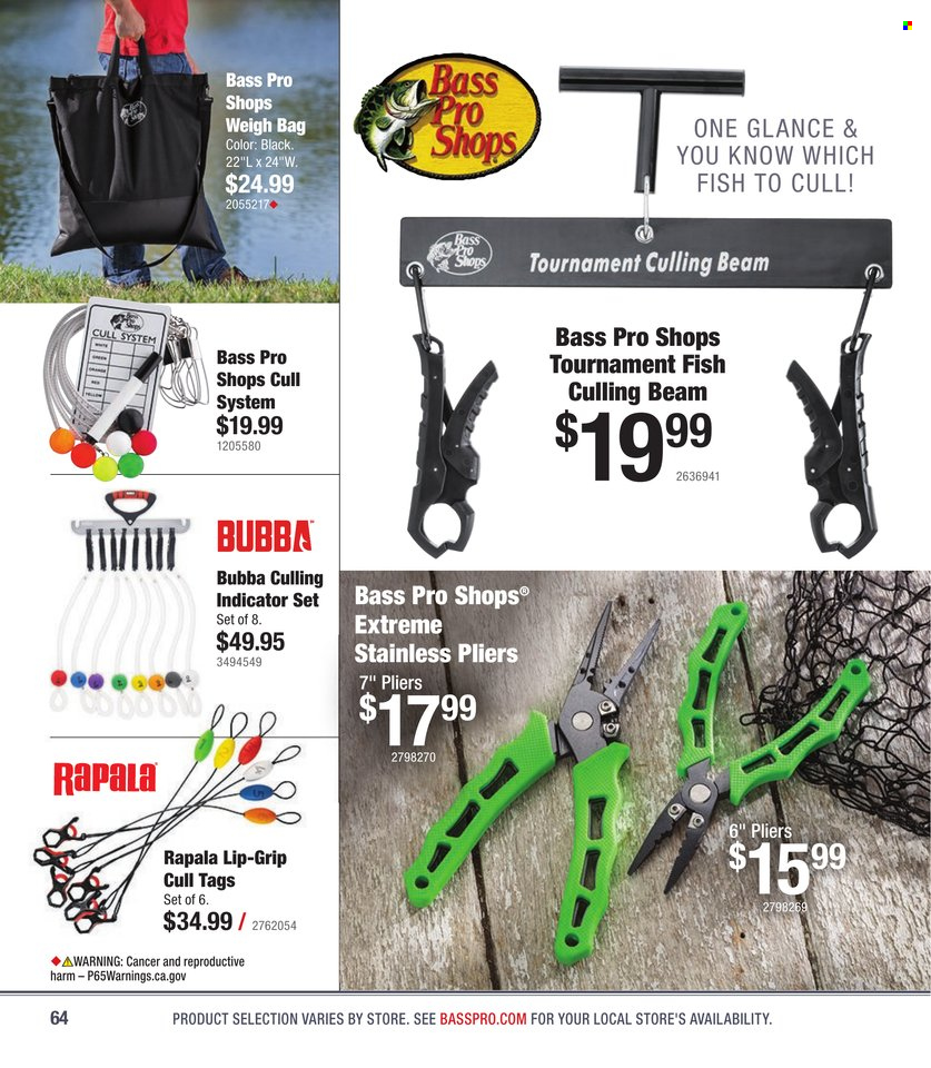 thumbnail - Bass Pro Shops Flyer - Sales products - fish, bag, Bass Pro, pliers. Page 64.