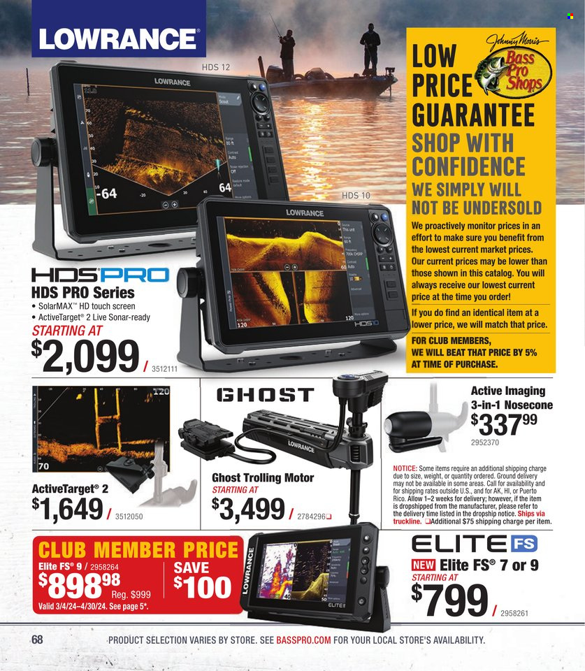 thumbnail - Bass Pro Shops Flyer - Sales products - Bass Pro, Lowrance, sonar. Page 68.