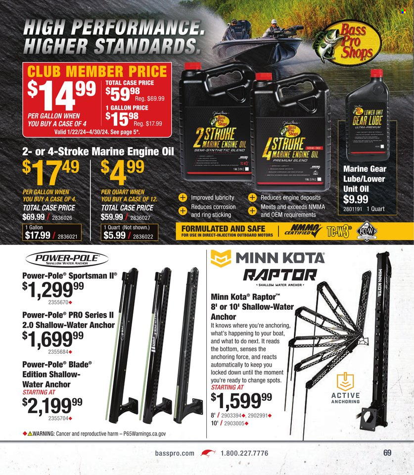 thumbnail - Bass Pro Shops Flyer - Sales products - Bass Pro, motor oil, Quicksilver Marine Lubricants. Page 69.