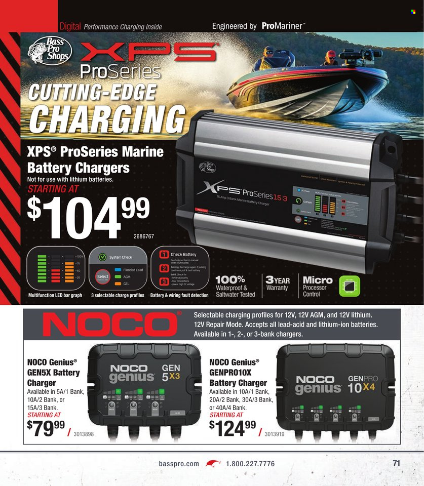 thumbnail - Bass Pro Shops Flyer - Sales products - battery charger, Bass Pro. Page 71.