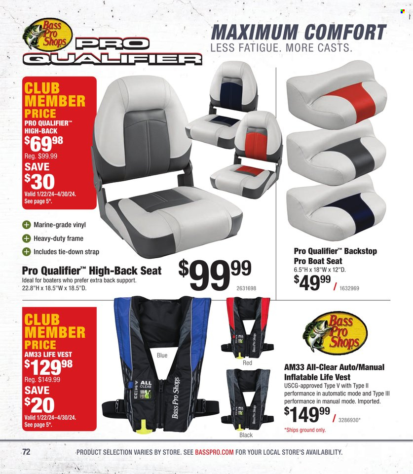 thumbnail - Bass Pro Shops Flyer - Sales products - vest, Bass Pro, life jacket, boat seat, strap. Page 72.