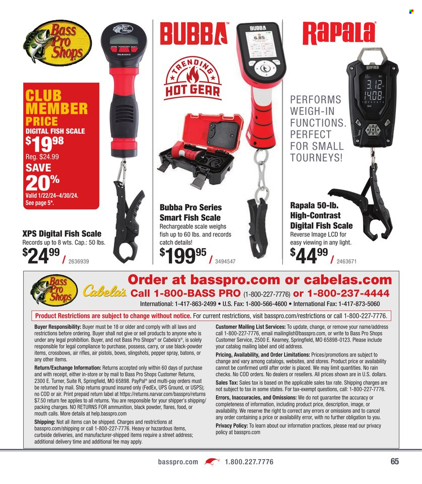 thumbnail - Cabela's Flyer - Sales products - fish, scale, Bass Pro, crossbow. Page 65.
