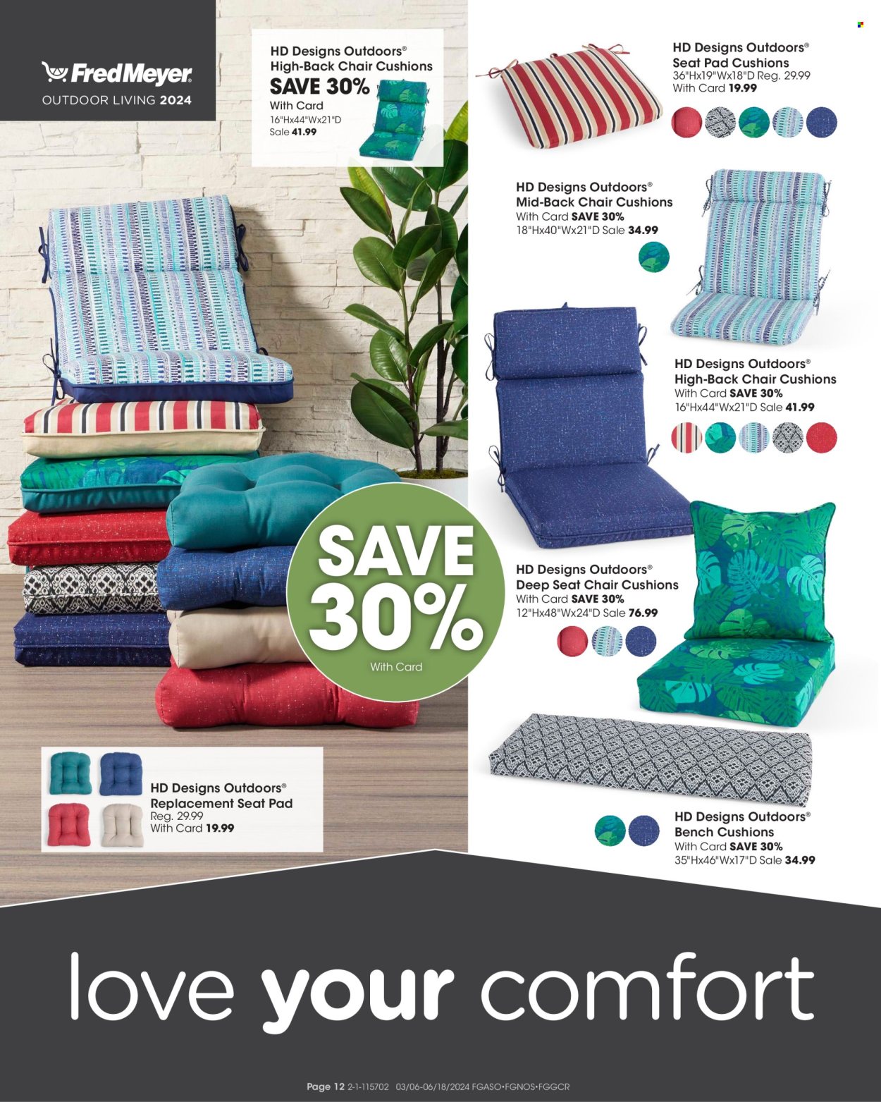 thumbnail - Fred Meyer Flyer - 03/06/2024 - 06/18/2024 - Sales products - chair, bench cushion, chair pad, cushion, bench. Page 15.