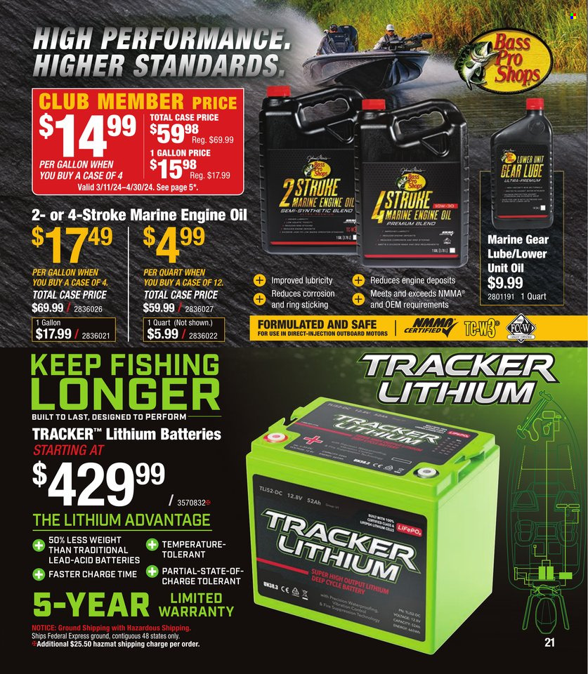 thumbnail - Bass Pro Shops Flyer - Sales products - Bass Pro, motor oil, Quicksilver Marine Lubricants. Page 21.