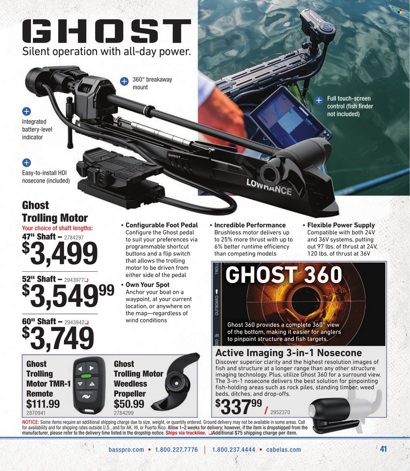 thumbnail - Bass Pro Shops Flyer - Sales products - battery, bed, fish finder, Lowrance. Page 41.
