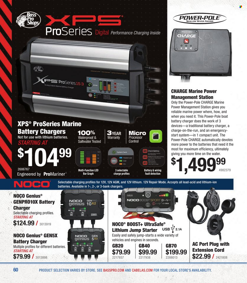 thumbnail - Bass Pro Shops Flyer - Sales products - battery charger, Bass Pro, boat, extension cord. Page 60.