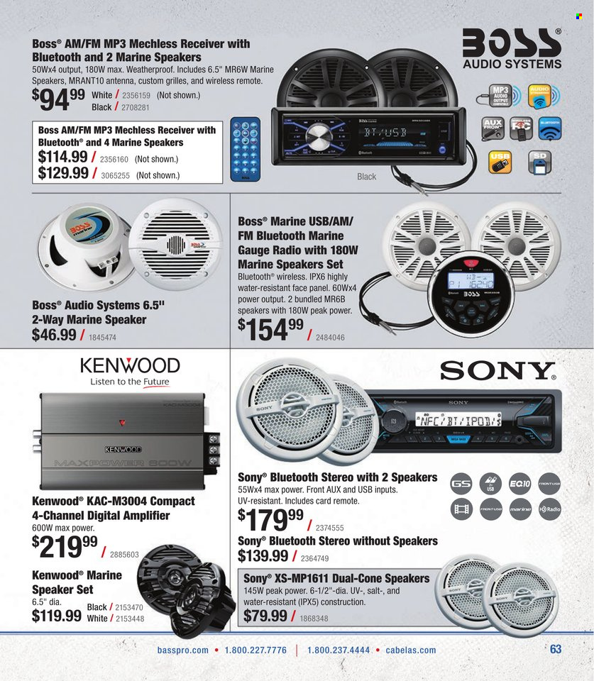 thumbnail - Bass Pro Shops Flyer - Sales products - Kenwood, receiver, gauge. Page 63.
