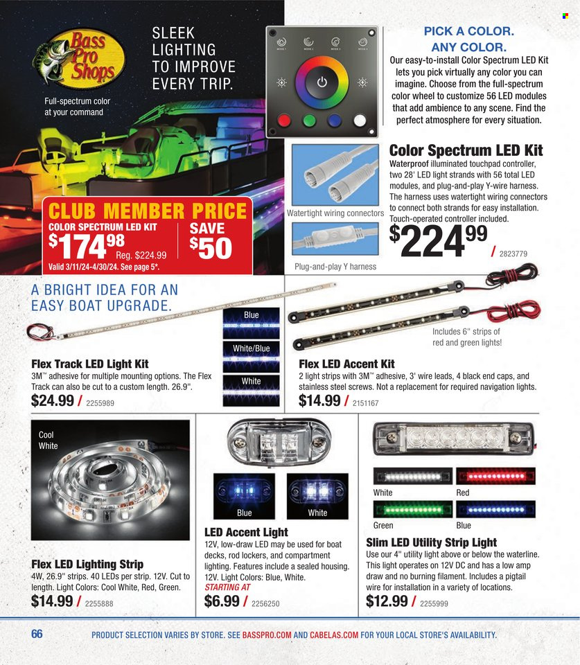 thumbnail - Bass Pro Shops Flyer - Sales products - Bass Pro, LED light, light strip, lighting, work light. Page 66.