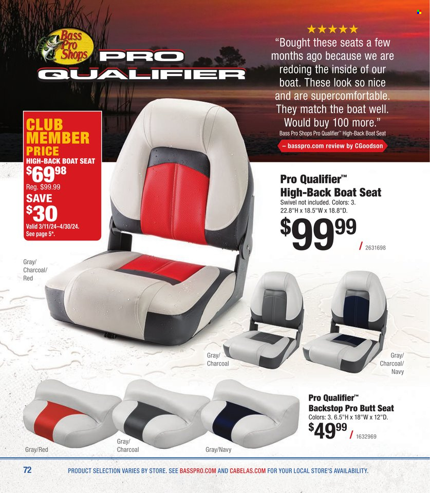 thumbnail - Bass Pro Shops Flyer - Sales products - Bass Pro, boat seat. Page 72.