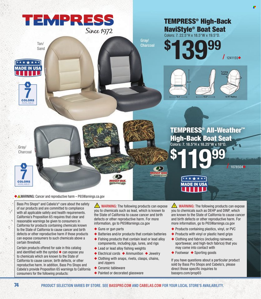 thumbnail - Bass Pro Shops Flyer - Sales products - Bass Pro, boat seat. Page 74.