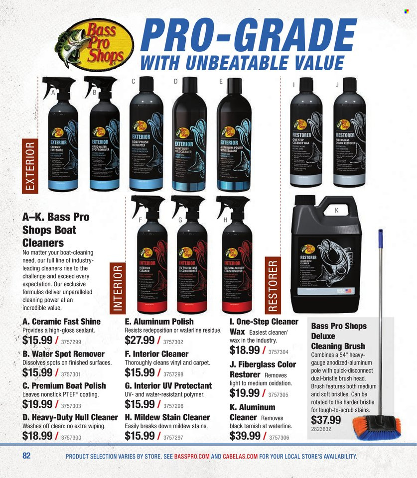 thumbnail - Bass Pro Shops Flyer - Sales products - polish, Bass Pro, brush head, gauge, cleaner. Page 82.