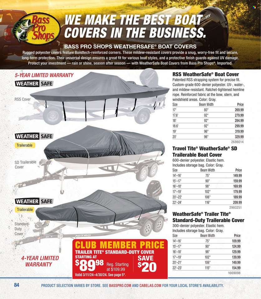 thumbnail - Bass Pro Shops Flyer - Sales products - Snug, Bass Pro, boat cover, trailer, hand tools, rope. Page 84.